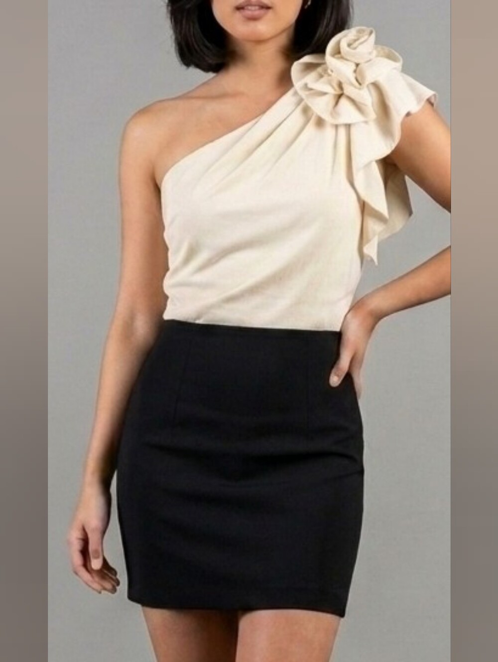 NYMPHE One-Shoulder Cream and Black Cocktail Dress with Floral Shoulder Detail